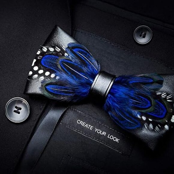 Men's Natural Feather Pre-Tied Bow tie & Lapel Pin - Picture 2 of 5